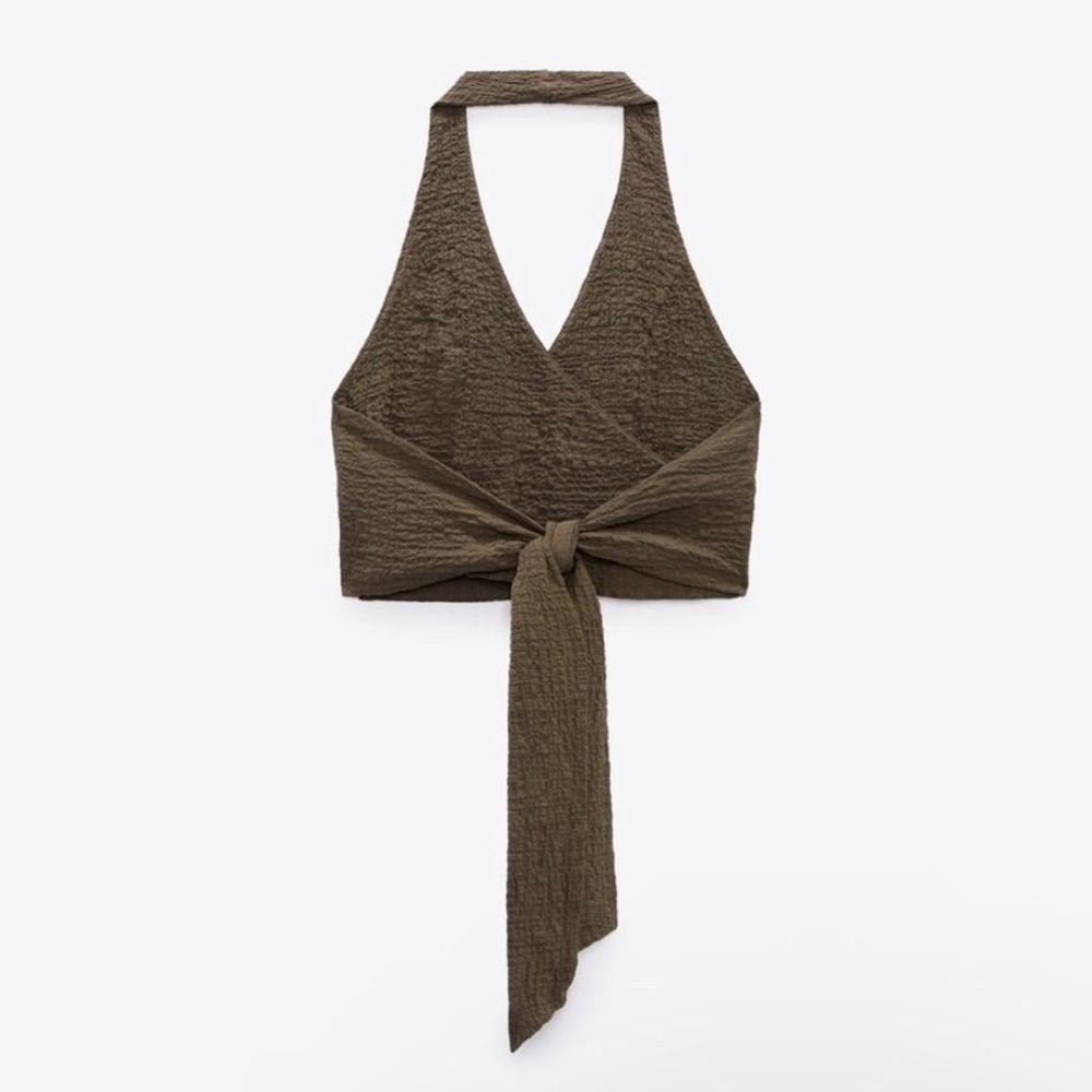 Zara crinkled textured dark olive green halter neck tie wrap top - Picture 4 of 11